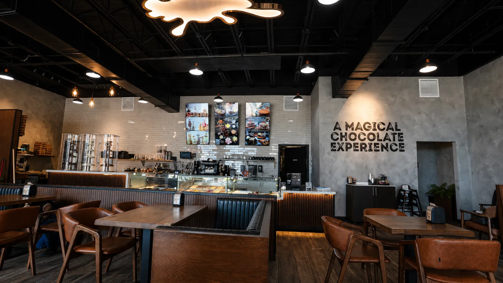 A Magical Chocolate Experience wall and seating inside the store