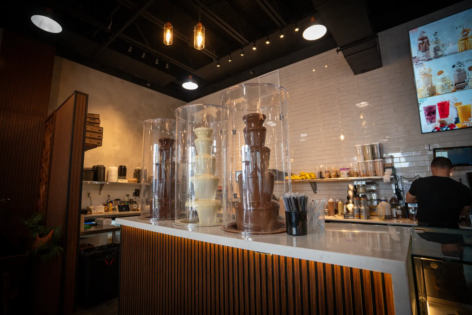 Chocolate fountain display at the counter